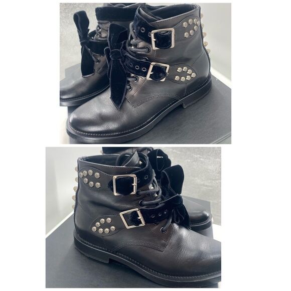 SAINT LAURENT Spike Studded Black Leather Combat Ankle Boots - Picture 4 of 12